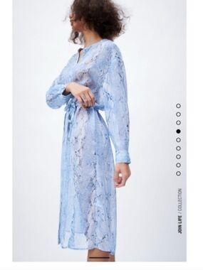 ZARA blue snakeskin button down long sleeve sheer dress size small